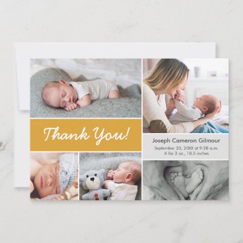 Mustard Baby Photo collage baby shower Birth stats Thank You Card