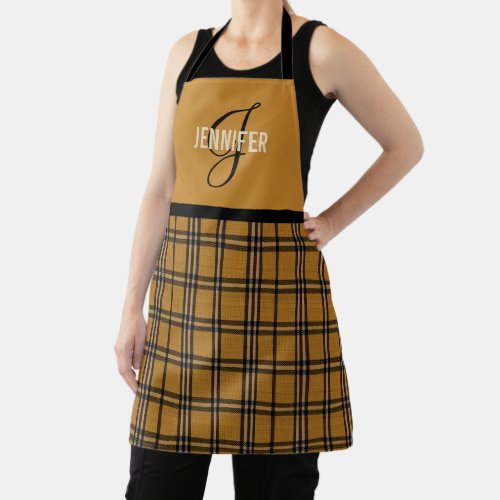 Mustard black gingham  name monogram apron