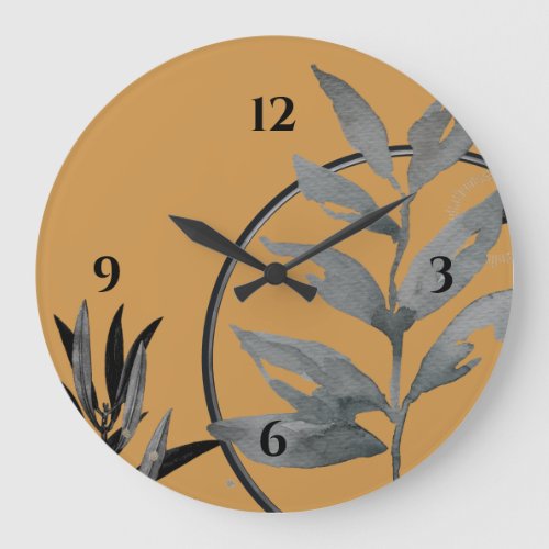 Mustard Black  Gray Artistic Watercolor Botanical Large Clock