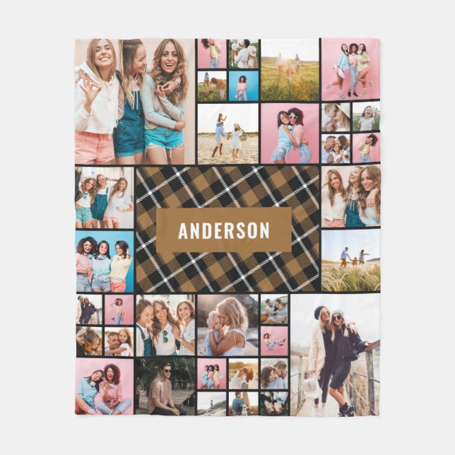 Mustard black plaid modern minimal multi 34 photo fleece blanket (Front)