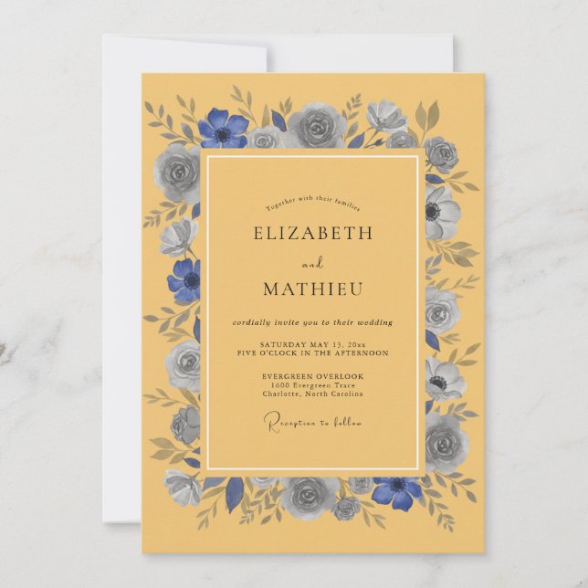 Mustard Blue Anemone Rustic Wedding Invitation (Front)