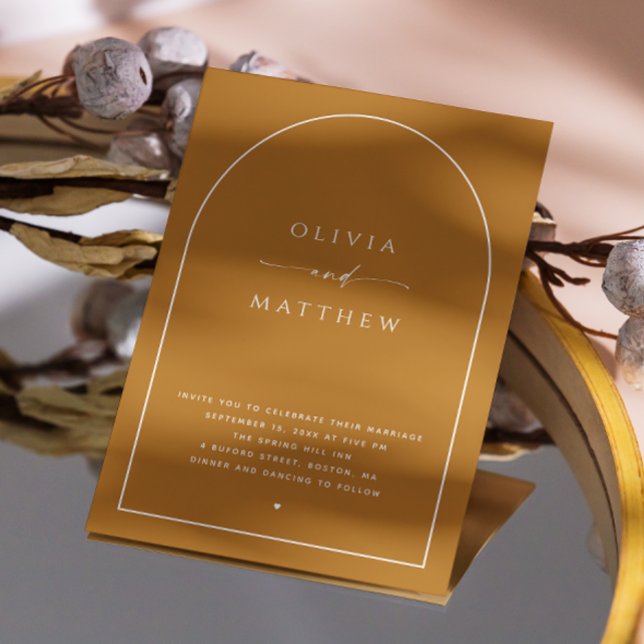 Mustard Brown Arch Fall Wedding. Autumn Photo + QR Invitation (Creator Uploaded)