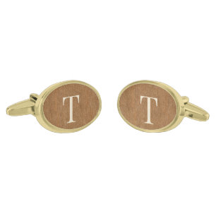 Mustard Brown Denim Monogram Oval Gold-Plated Cufflinks