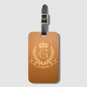 Mustard Brown Mock Leather with Monogram Crest Luggage Tag