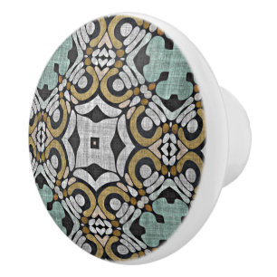 Mustard Brown Teal Green Gray Black Tribe Art Ceramic Knob