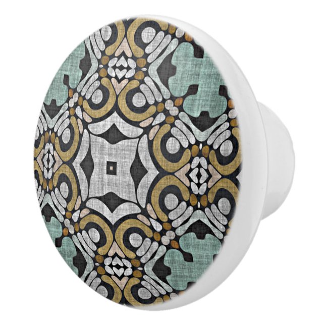 Mustard Brown Teal Green Gray Black Tribe Art Ceramic Knob (Right)