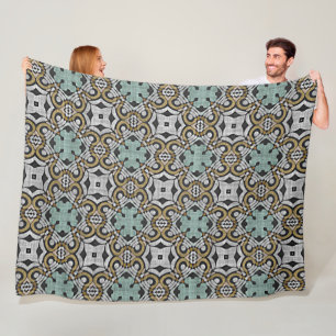 Mustard Brown Teal Green Gray Black Tribe Art Fleece Blanket