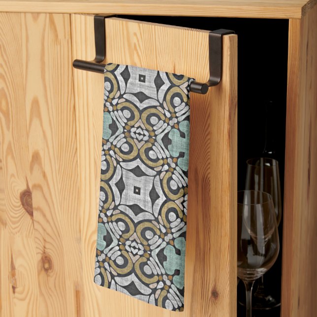 Mustard Brown Teal Green Gray Black Tribe Art Towel (Thirds Fold)