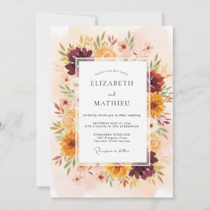 Mustard Burgundy Dahlia Wedding Invitation