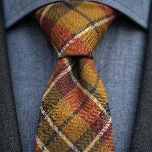 Mustard Burgundy Green Tartan Pattern Neck Tie