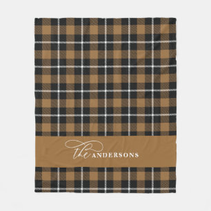 Mustard check tartan script personalized family fleece blanket