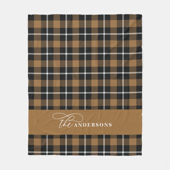 Mustard check tartan script personalized family fleece blanket (Front)