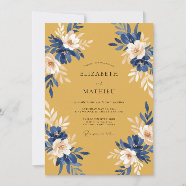 Mustard Cobalt Leafy Wedding Invitation (Front)