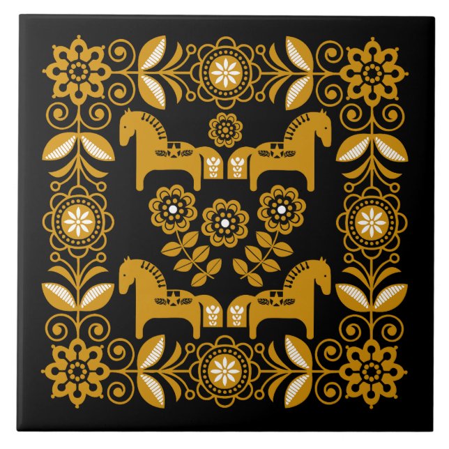 Mustard Dala Swedish Horse Print Ceramic Tile (Front)