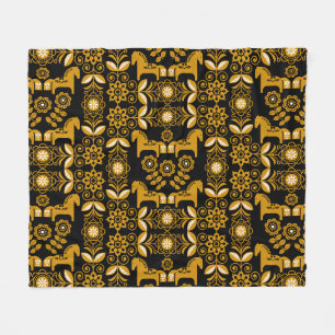 Mustard Dala Swedish Horse Print Fleece Blanket