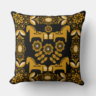 Mustard Dala Swedish Horse Print Throw Pillow