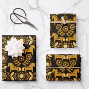 Mustard Dala Swedish Horse Print Wrapping Paper Sheets