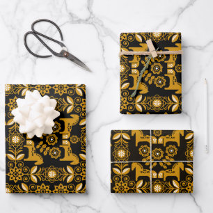 Mustard Dala Swedish Horse Print Wrapping Paper Sheets