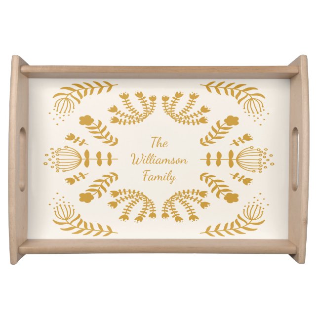Mustard Danish Folk Flowers Personalized Family  Serving Tray (Front)