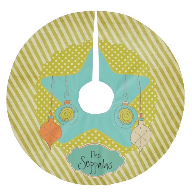 Mustard Dots and Stripes Personalized Tree Skirt (Front)