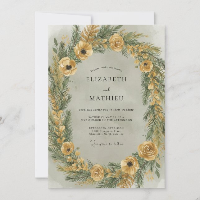 Mustard Evergreen Winter Wedding Invitation (Front)