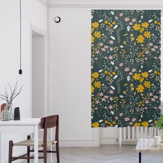 Mustard Floral Beetles & Bees Bohemian Wildflowers Blackout Curtains (Living Room)