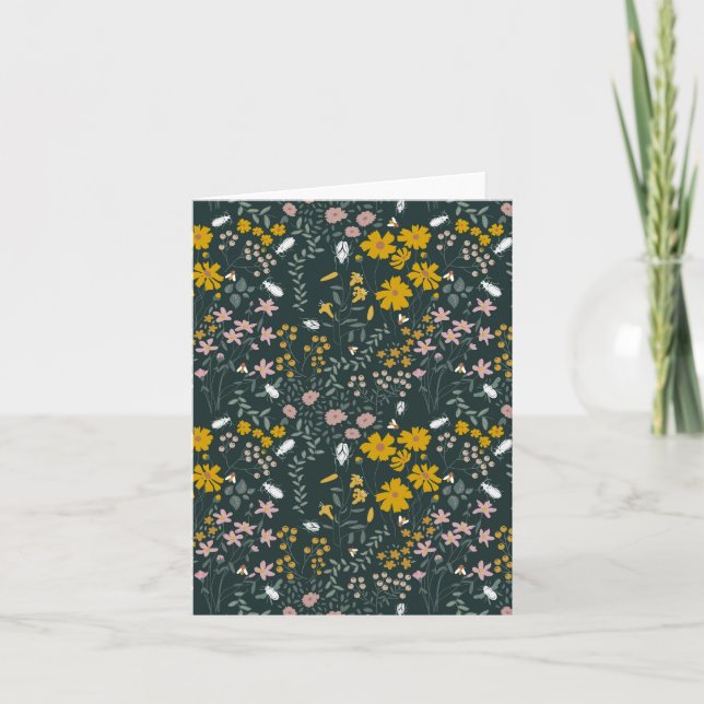 Mustard Floral Beetles & Bees Bohemian Wildflowers Card (Front)