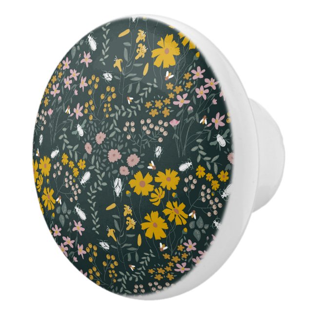 Mustard Floral Beetles & Bees Bohemian Wildflowers Ceramic Knob (Right)