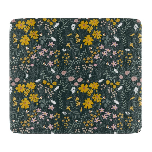 Mustard Floral Beetles & Bees Bohemian Wildflowers Cutting Board (Front)