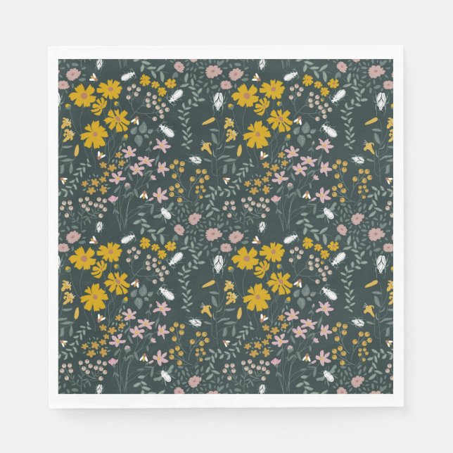 Mustard Floral Beetles & Bees Bohemian Wildflowers Napkins (Front)