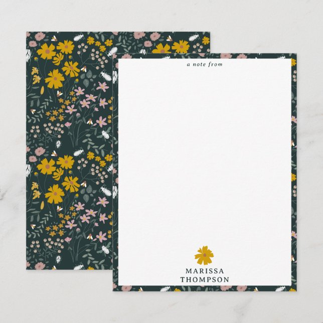 Mustard Floral Beetles & Bees Bohemian Wildflowers Note Card (Front/Back)