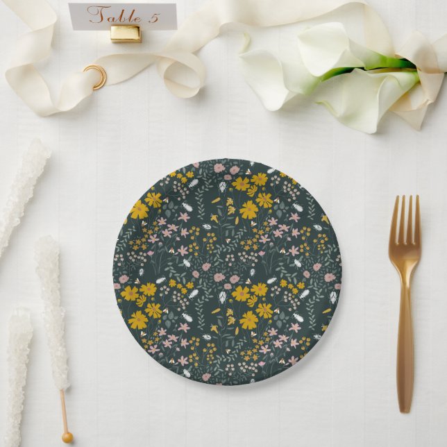 Mustard Floral Beetles & Bees Bohemian Wildflowers Paper Plates (Wedding)