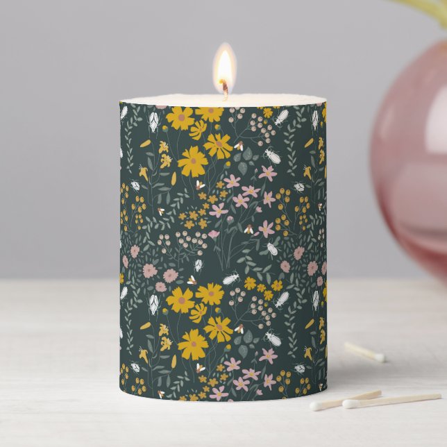Mustard Floral Beetles & Bees Bohemian Wildflowers Pillar Candle (In Situ)
