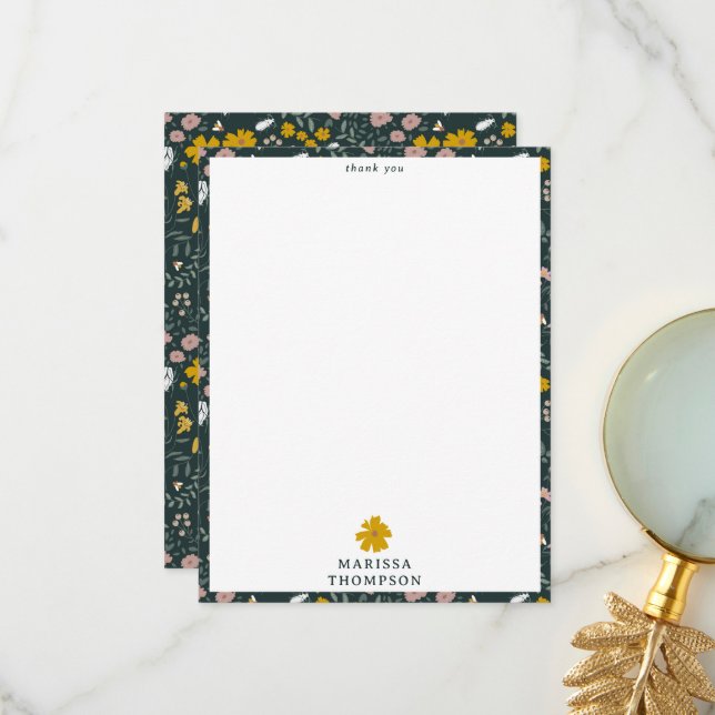 Mustard Floral Beetles & Bees Bohemian Wildflowers Thank You Card (Front/Back In Situ)