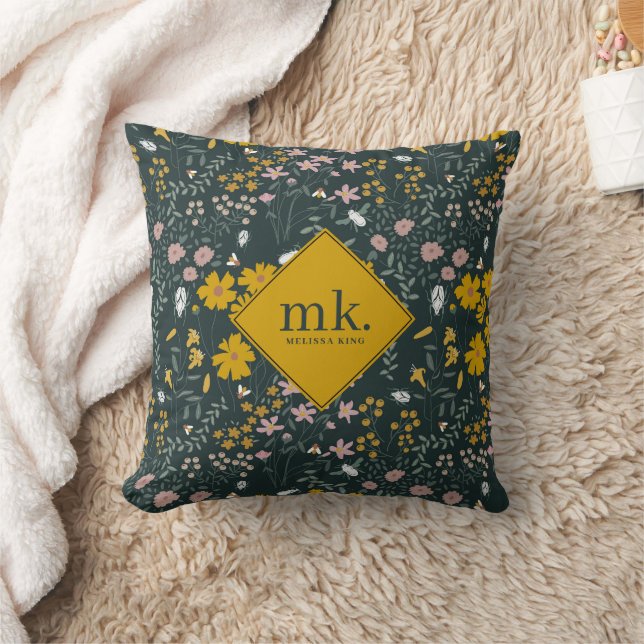 Mustard Floral Beetles & Bees Bohemian Wildflowers Throw Pillow (Blanket)