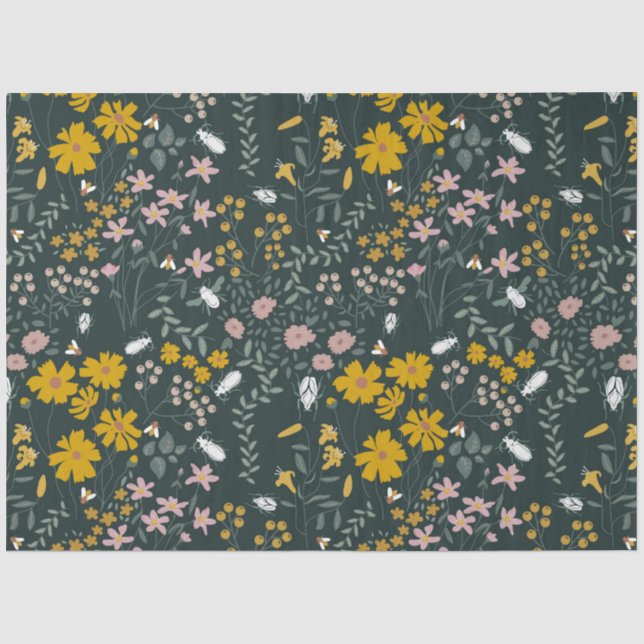 Mustard Floral Beetles & Bees Bohemian Wildflowers Tissue Paper (Front)