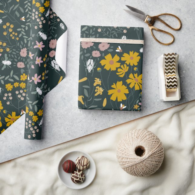 Mustard Floral Beetles & Bees Bohemian Wildflowers Wrapping Paper (Crafts)