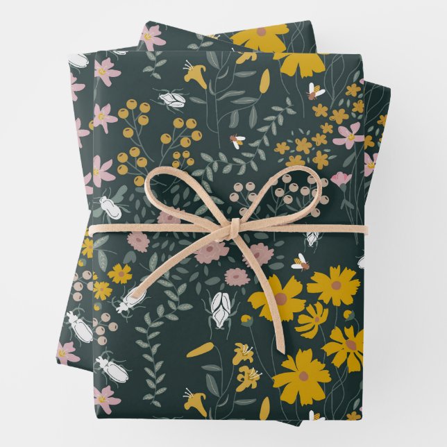Mustard Floral Beetles & Bees Bohemian Wildflowers Wrapping Paper Sheets (In situ)