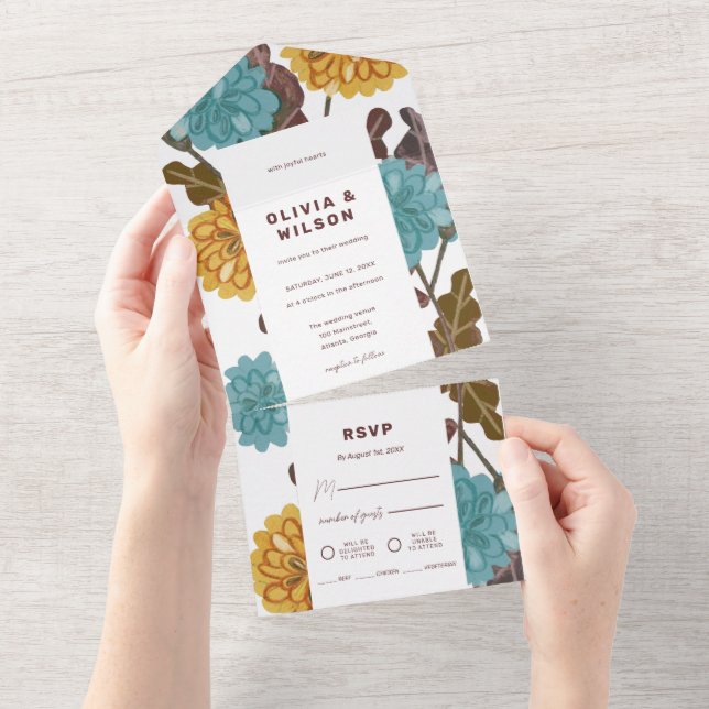 Mustard floral jewel tone wedding all in one invit invitation (Tearaway)