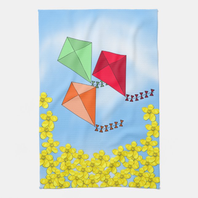 Mustard Flowers and Kites and Clouds Towel (Vertical)