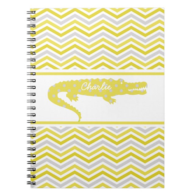Mustard Gator on Chevron Personalized Notebook (Front)