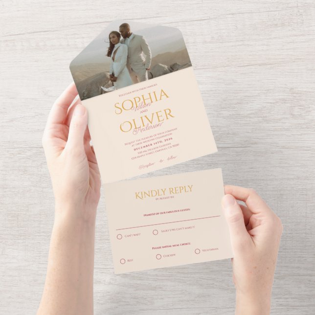 Mustard gold and blush photo wedding  all in one invitation (Tearaway)