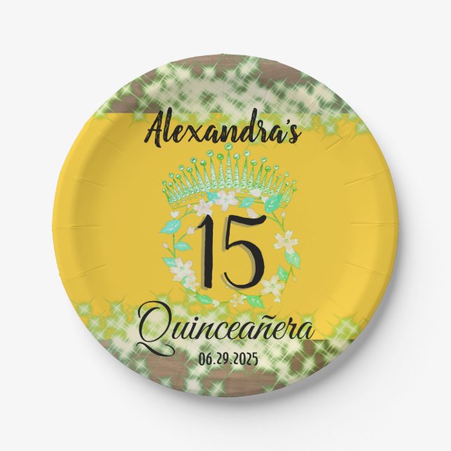 Mustard Gold Elegant Quinceanera Celebration Paper Plates (Front)