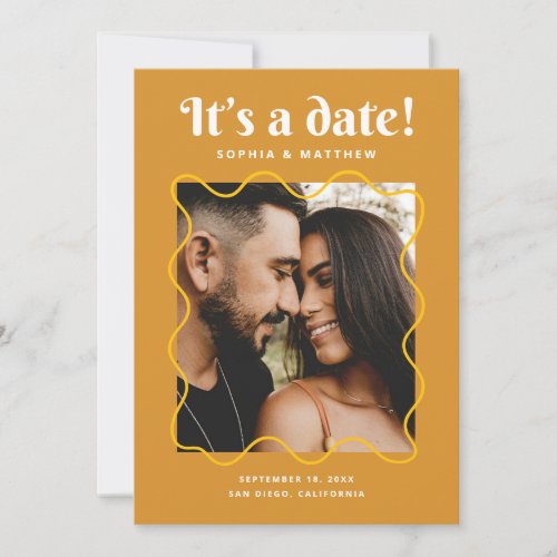 Mustard Gold Retro Wedding | Wavy Frame Photo + QR Save The Date