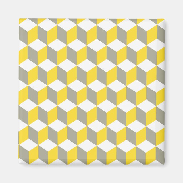Mustard Gray and White Isometric Cube Pattern Magnet (Front)