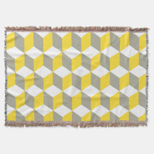 Mustard Gray and White Isometric Cube Pattern Throw Blanket