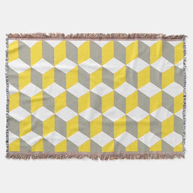 Mustard Gray and White Isometric Cube Pattern Throw Blanket (Front)