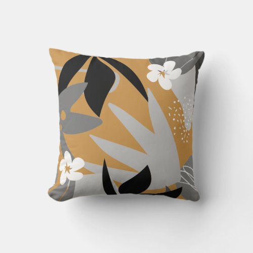 Mustard  Gray Artistic Abstract Floral Pattern Throw Pillow