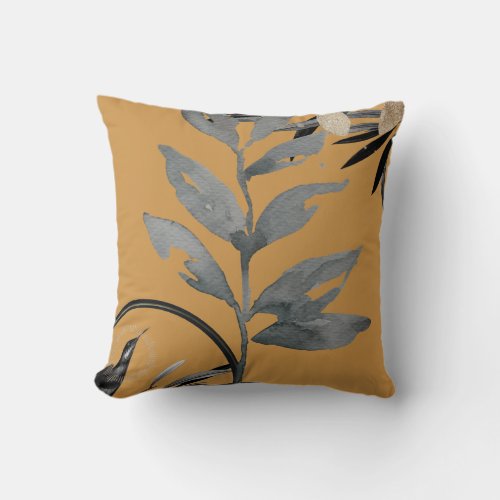 Mustard  Gray Artistic Watercolor Leaves Throw Pillow