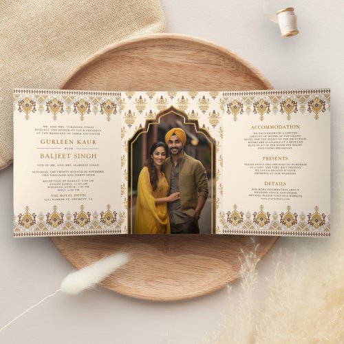 Mustard Ikat All in One Anand Karaj Sikh Wedding Tri_Fold Invitation